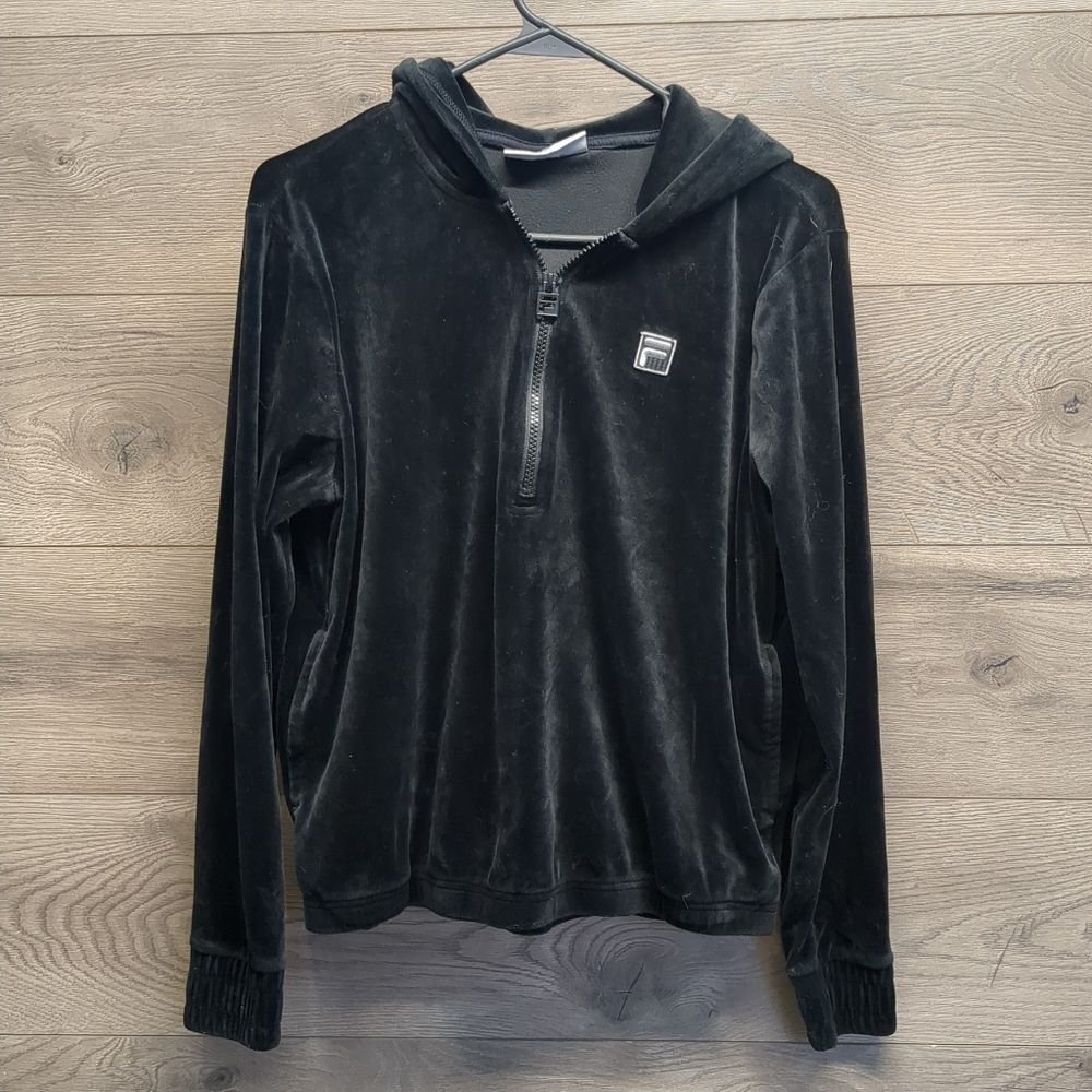 Fila Pullover Quarter Zip Black Velour Velvet Hooded Sweater Women's Size Small